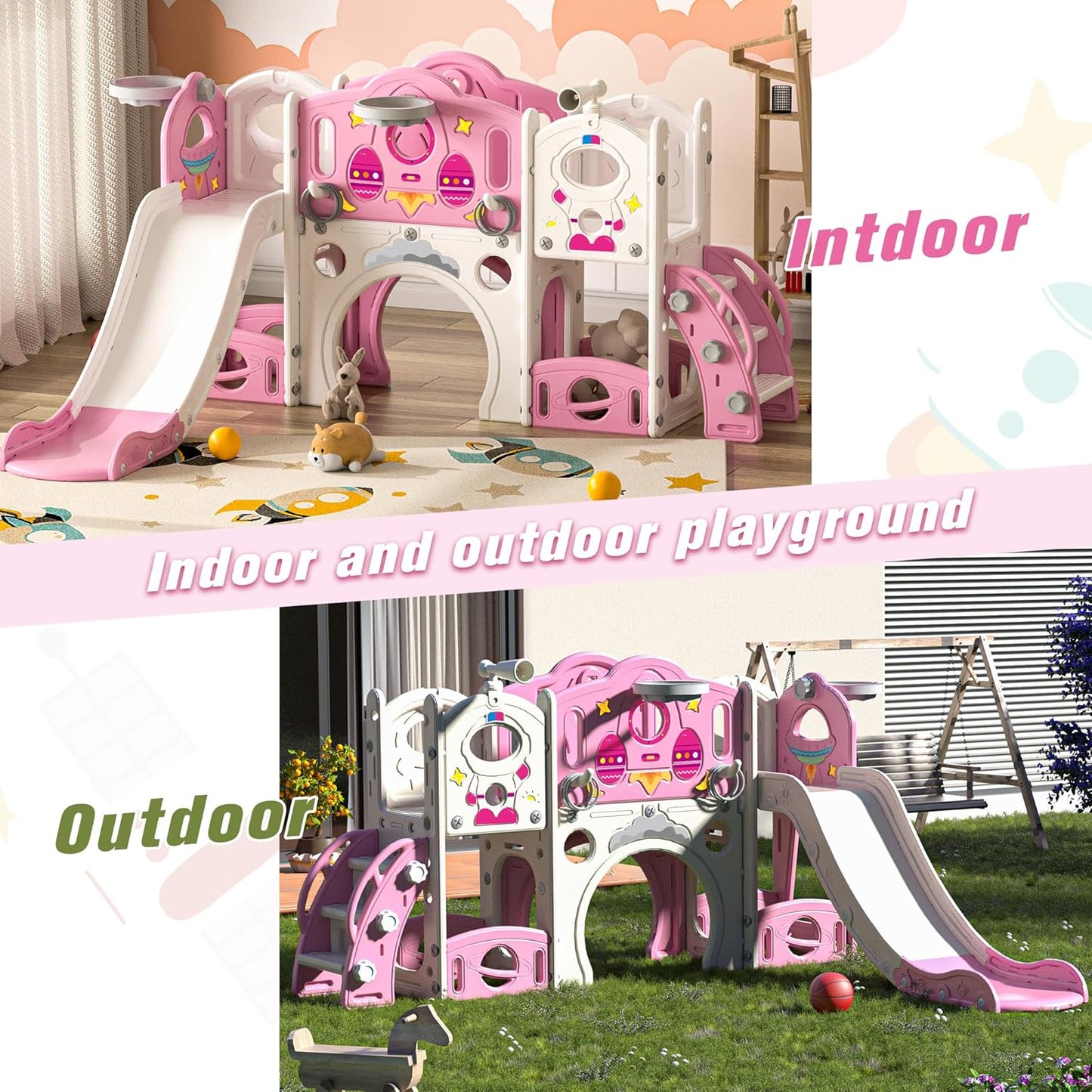 NYEEKOY 9 in 1 Toddler Slide and Climber Playset Freestanding Backyard Playground for Children Age 1-4, Indoor Outdoor Kids Slide with Basketball Hoop,Telescope, Ring-toss and Storage Space