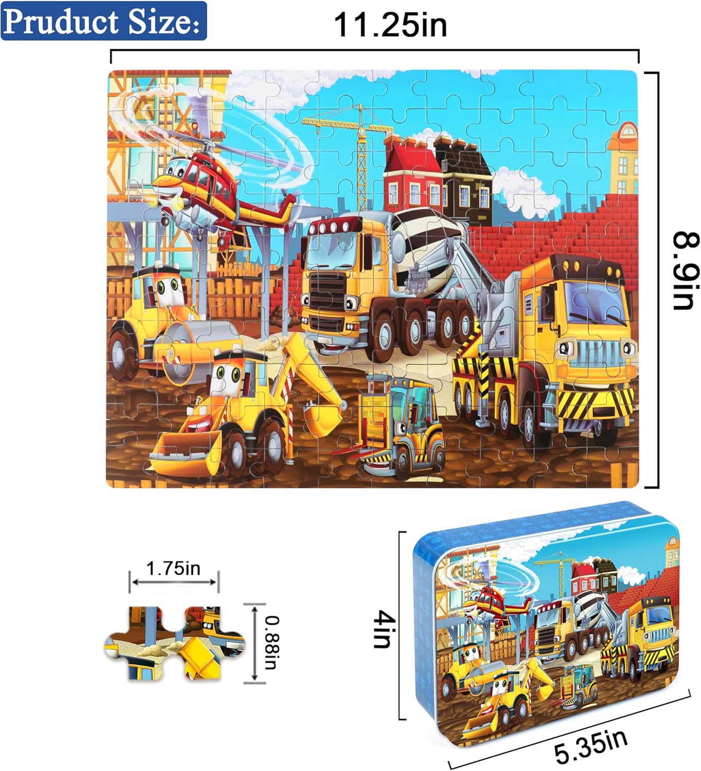 LELEMON 100 Pieces Jigsaw Puzzles in a Metal Box for Kids Age for 4-8 Boys Girls Toy Puzzles Construction Site Vehicles Children Learning Educational Puzzles Toys