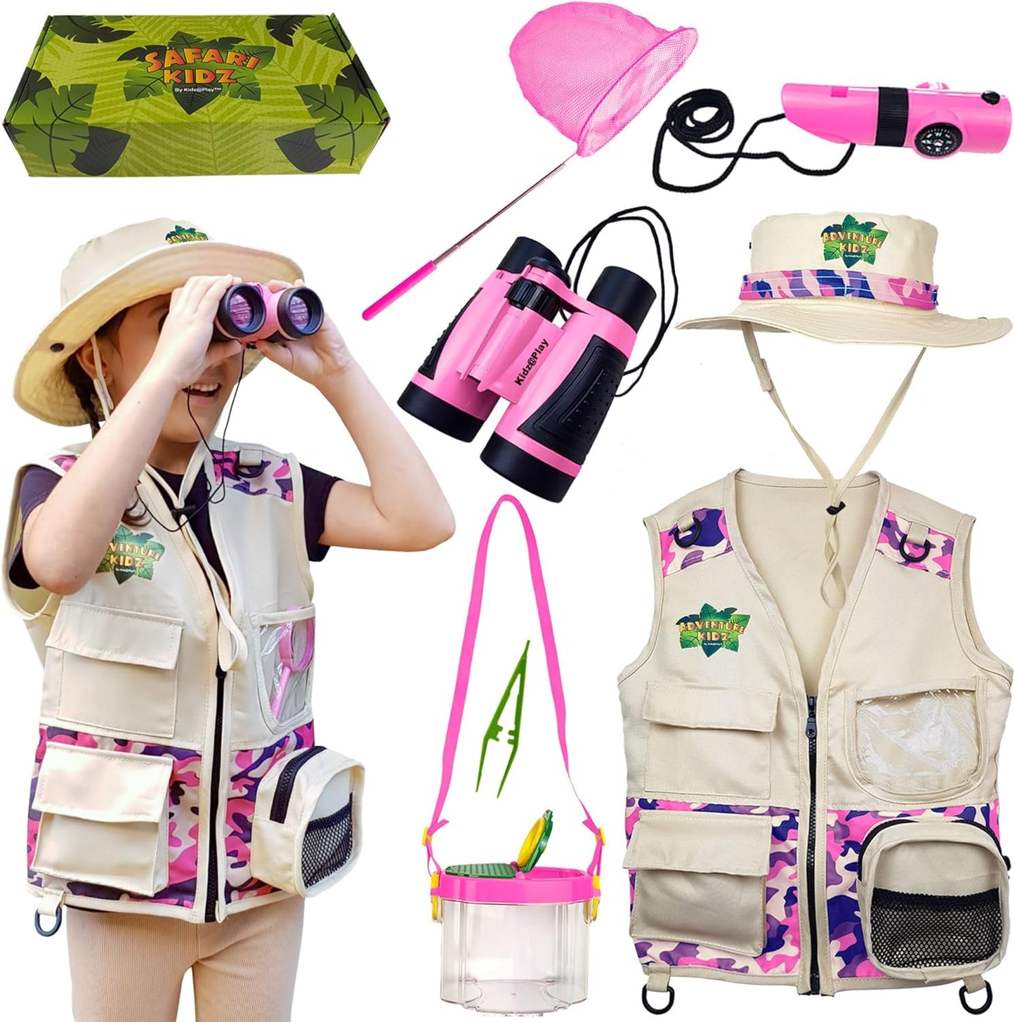 Kidz@Play Bug Hunting Kit, Vest, Hat, Binoculars, Lg. Net, Bug Container, Whistle, Flashlight, Magnifier, Thermostat, Compass, Tweezers