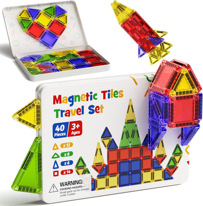 Magnetic Tiles for Kids Ages 4-8, Magnetic Blocks Travel Set with Diamond Surface & Metal Storage Box, 60PCS STEM Learning Toys, Educational Building Gifts for 3-8 Year Olds