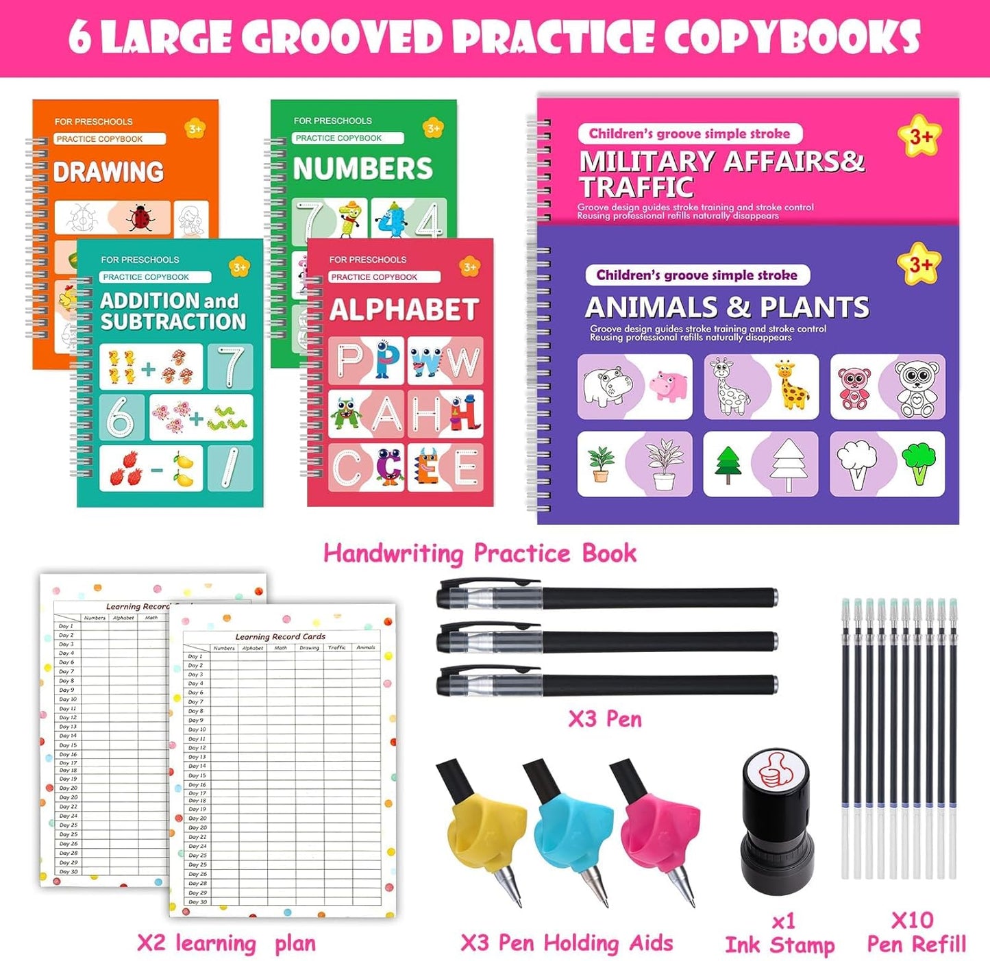 6 Pack Magic Grooved Writing Practice Books for Kids,Reusable Handwriting Practice with Pen,Pencil Grisp,Cute Seal and Learning Schedule ,Pecfect Tracing Copybook for Kindergarten Preschool Age 3-8