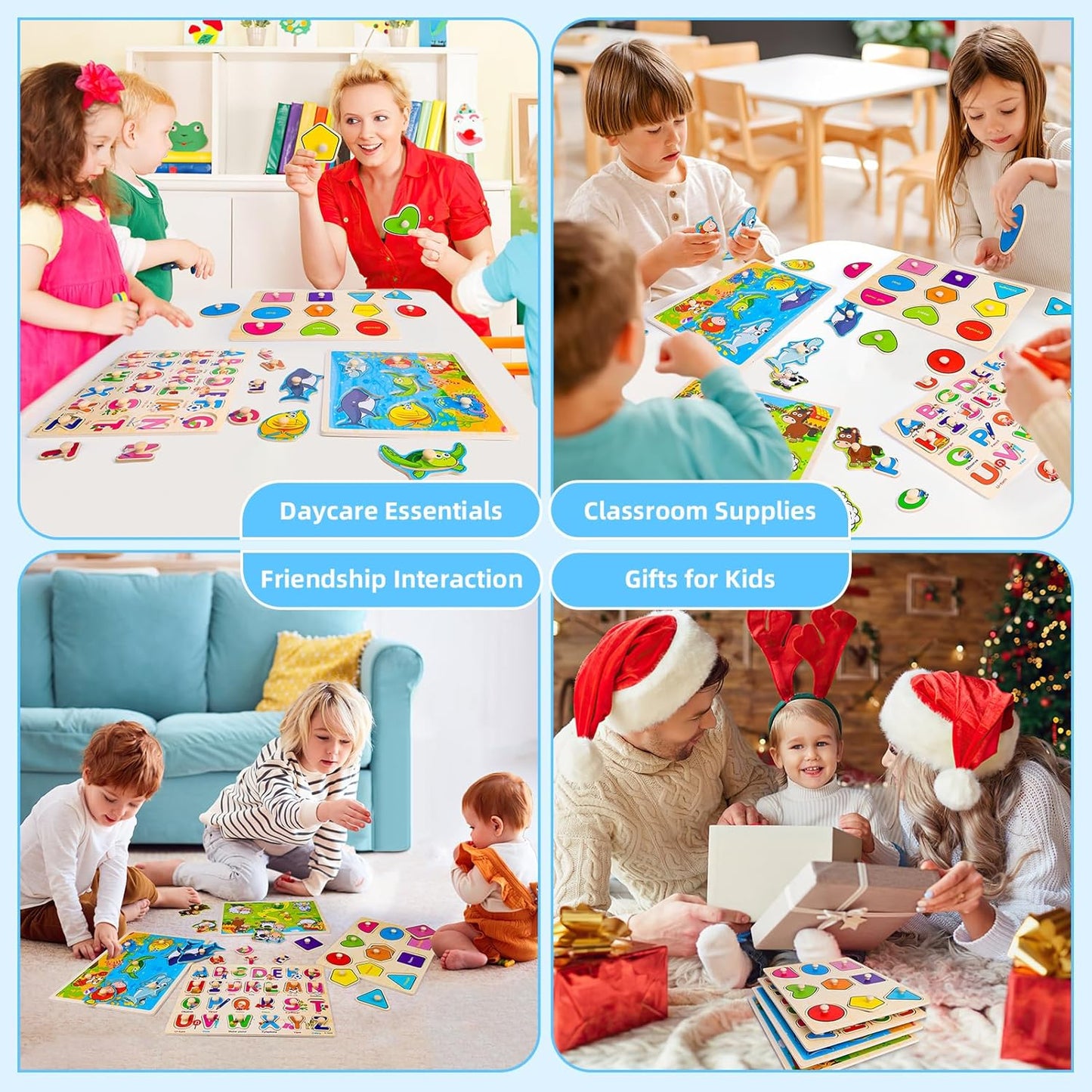 Wooden Peg Puzzles for Toddlers 2 3 4 Year Old, 4 Pack Montessori Toys Preschool Learning Puzzles for Toddlers 1-3 with Animals, Shapes, Alphabet, Wooden Toddler Toys Gifts for Kids Boys Girls