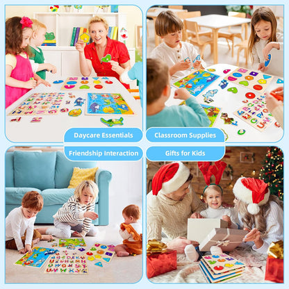 Wooden Peg Puzzles for Toddlers 2 3 4 Year Old, 4 Pack Montessori Toys Preschool Learning Puzzles for Toddlers 1-3 with Animals, Shapes, Alphabet, Wooden Toddler Toys Gifts for Kids Boys Girls