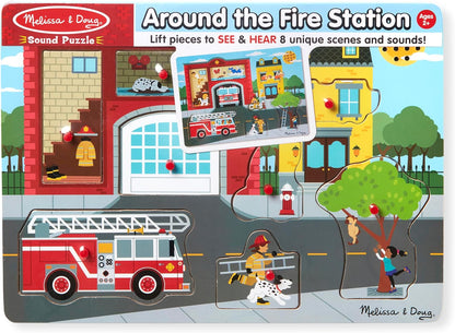 Melissa & Doug Around The Fire Station Sound Puzzle - Wooden Peg Puzzle (8 pcs)