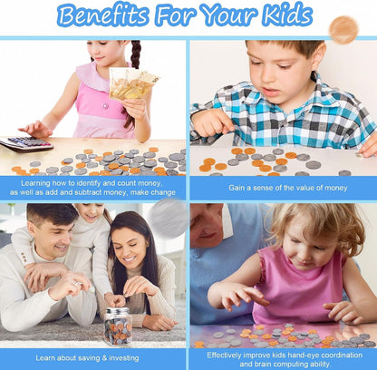Play Money Coins for Kids, 250pcs Detailed Fake Money Coins with Coin Jar, Realistic Teaching Pretend Fake Money Coins Set, Plastic Toy Prop Fake Money Coins for Kids Learning Education Party