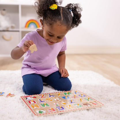 Melissa & Doug Wooden Lift & See Peg Puzzle Early Learning 2-Pack for Girls and Boys – Alphabet, Numbers