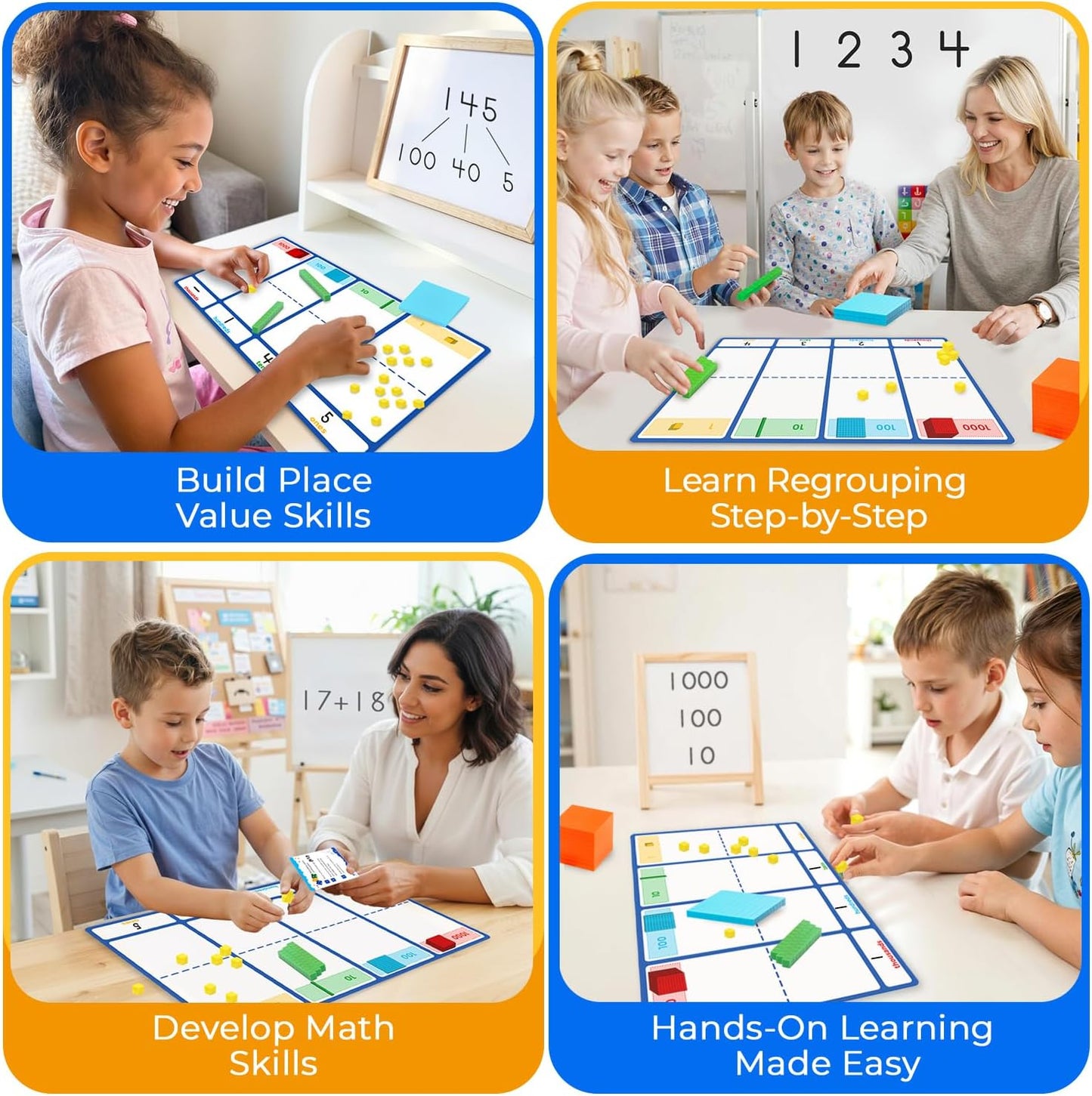 Simply magic 140+1 PCS Colorful Base Ten Blocks & Activities Set - Base Ten Blocks Classroom Set, Base 10 Math Manipulatives, Place Value Blocks Mat, Ones Tens Hundreds Blocks, Math Counters Cubes