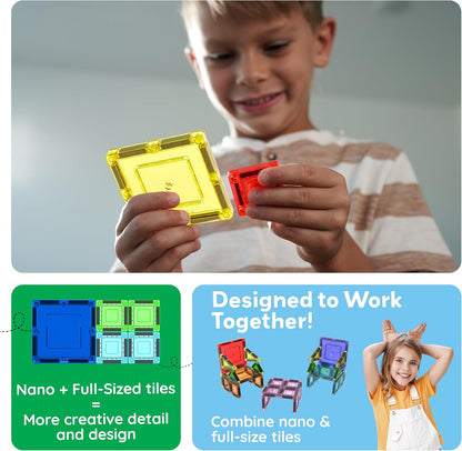 PicassoTiles 80 PCs Magnetic Tiles Travel Size Mini Version Building Block Construction Set for Kids Great Gift Ages 3+ Boys & Girls Preschool Kindergarten Montessori Playing Toys Stacking Fun PTM80