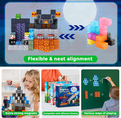 Goody King Magnetic Blocks |100PCS Magnetic Building Blocks Magic‘s House Magnetic Cube,Magnetic Blocks for Kids Ages 3-10,STEM Montessori Stacking Toy, Sensory Tiles Building Birthday for Toddlers