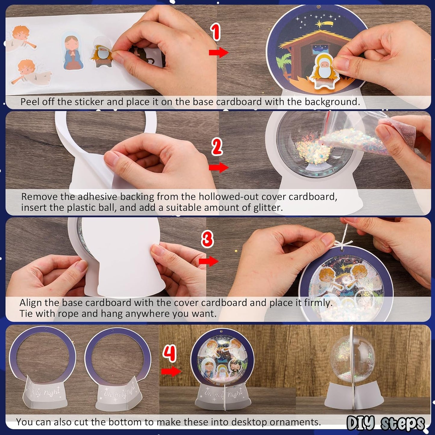 Threehoney 24 Pack Easter Nativity Craft Kit for Kids Toddler Jesus Birth Advent DIY Snow Globe Hanging Ornament with Glitter Sequin Paper Religious Holiday Classroom Decor(Joy,Silver)
