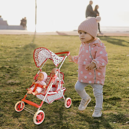 The New York Doll Collection First Twin Stroller - Cutest Heart Design Baby Strollers Great Toy Gift for Toddlers and Girls (Denim) Blue,pink