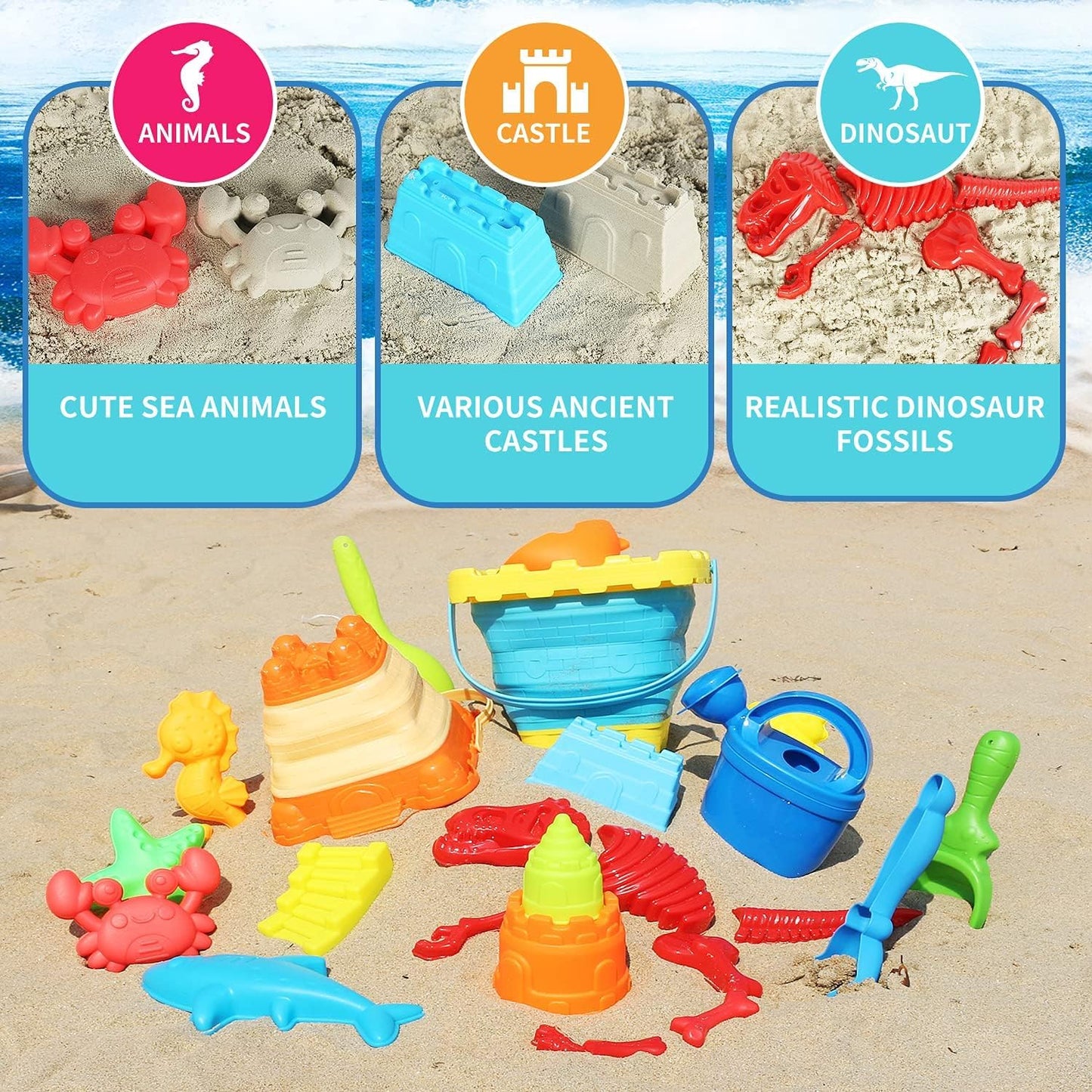 Elovien Beach Sand Toys, Large Dump Truck with Bucket, Sandbox Construction Toy Sand Castle Building Kit with Mesh Bag, Sand Molds, Shovels, Worker Figures, Kids Toddlers Summer Outdoor Travel Toys
