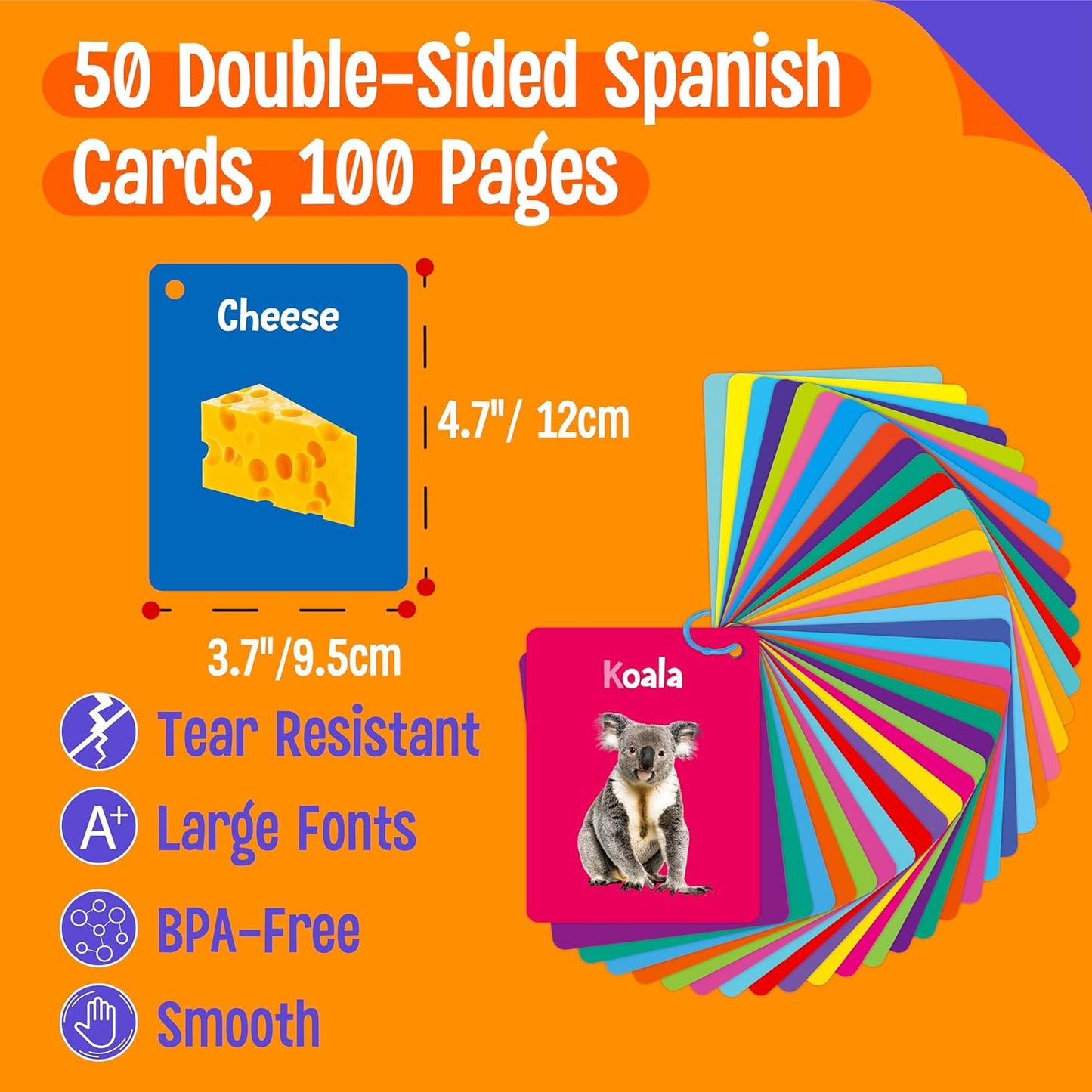 50 PCS Kid First Cognitive Flashcards,Double Sided Printed 7 in 1 Colorful Cards Alphabet,Numbers, Foods,Animals,Shapes,Colors with 3 Reclosable Rings,Learning Tool for Pre-K Kindergarten Toddlers