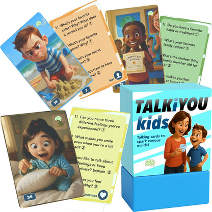 Talkiyou Kids Conversation Cards – 60 Picture Prompts & 240 Open-Ended Questions for Kids Ages 5-12 – Spark Imagination, Emotions & Meaningful Talks – Screen-Free Family Game