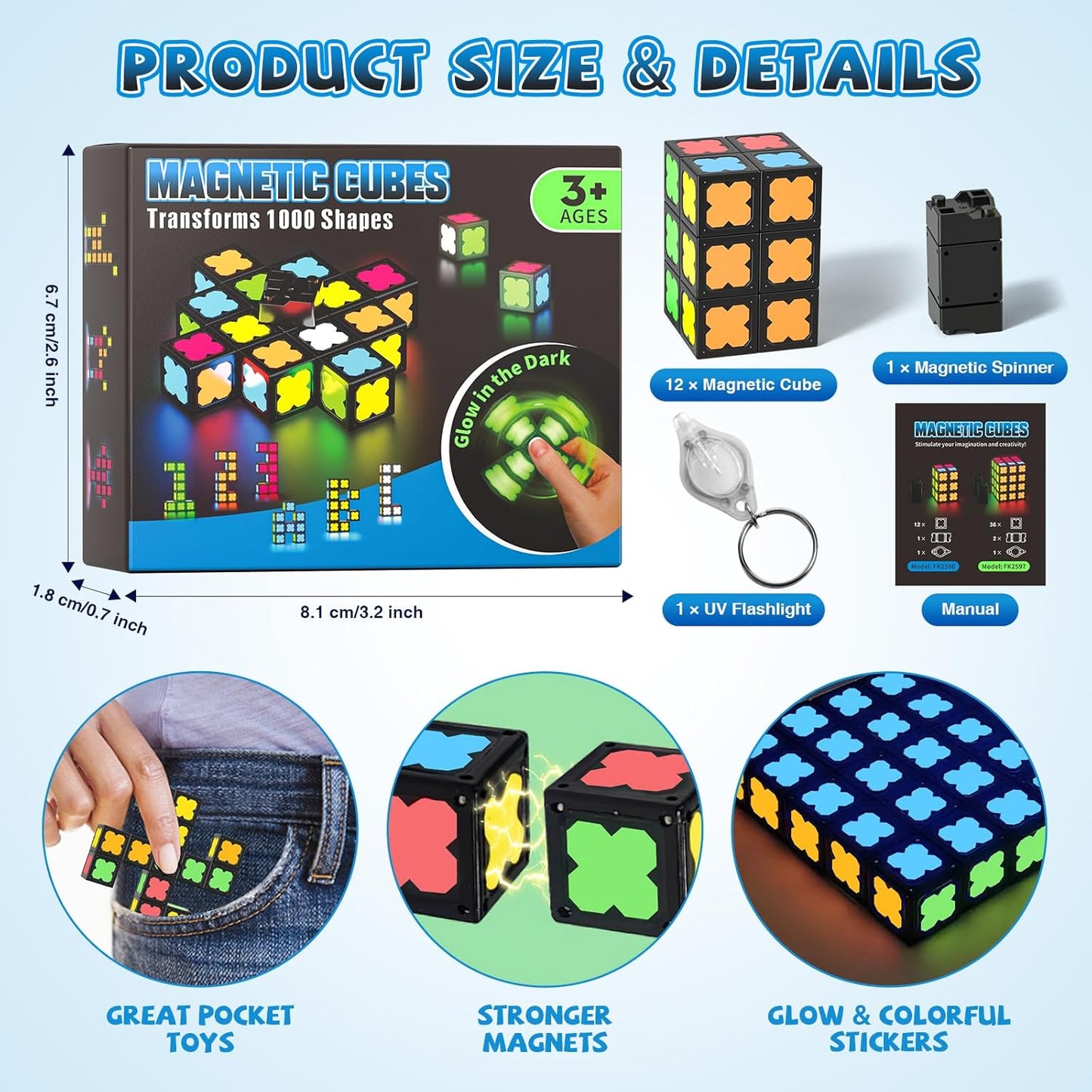 Magnetic Fidget Spinner Mini-38 Blocks, Glow Magnet Cube & Transformable Fidget Spinner & Infinity Cube & 3x3x3 Cube-4 in 1 Toy, STEM Building Tiles Stress Relief Sensory Gift for Kid Boy Girl Adult