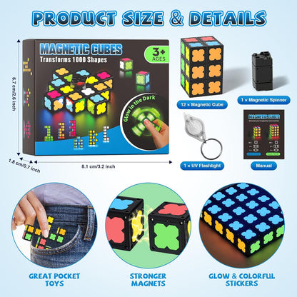 Magnetic Fidget Spinner Mini-38 Blocks, Glow Magnet Cube & Transformable Fidget Spinner & Infinity Cube & 3x3x3 Cube-4 in 1 Toy, STEM Building Tiles Stress Relief Sensory Gift for Kid Boy Girl Adult