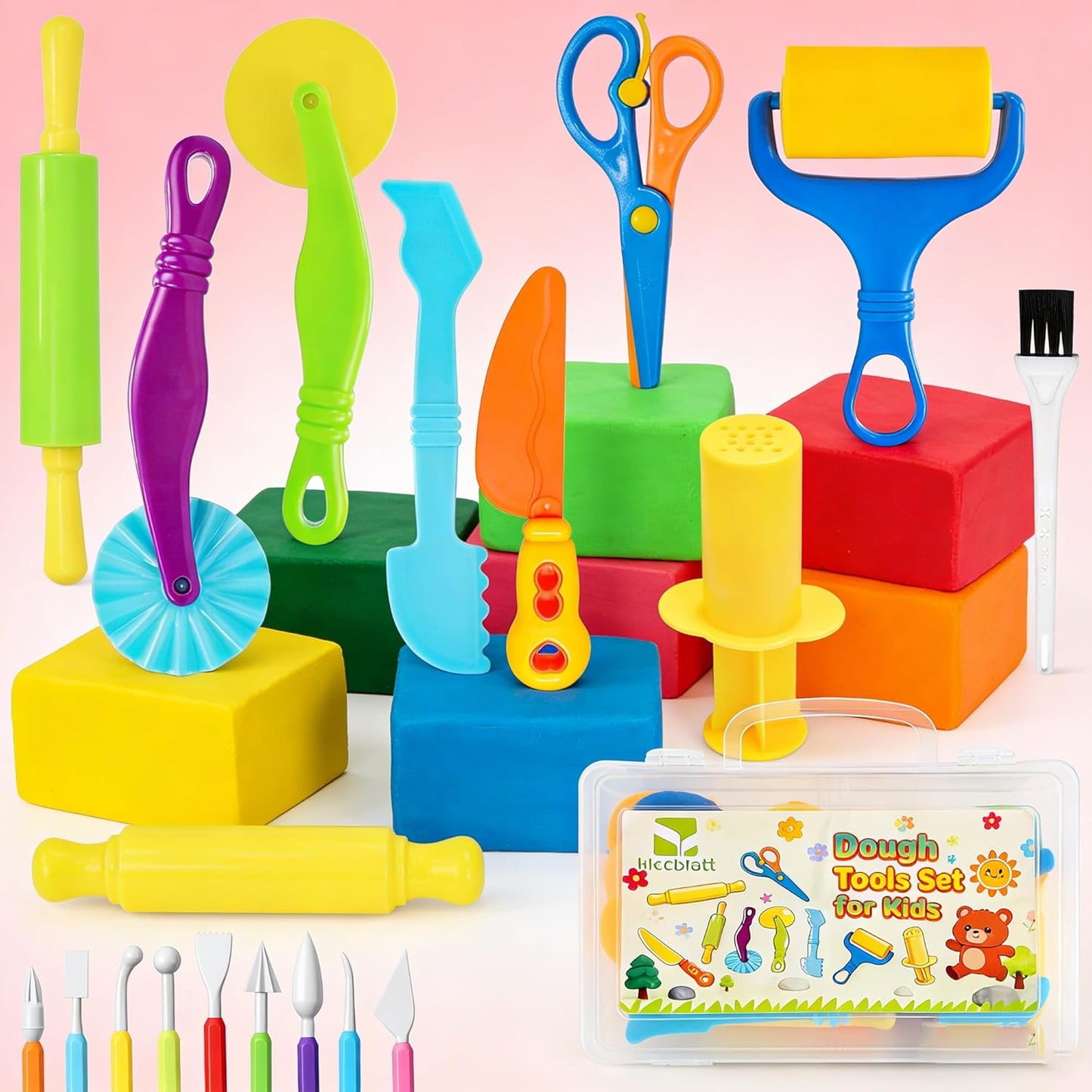 Kleeblatt Dough Tools Set for Kids - 19 Pcs Playdough Kit with 9 Basic Dough Tools, 9 Double-Headed Clay Carving Tools & Cleaning Brush, Safe for Toddlers Ages 2-8, for Clay/Plasticine/Sand