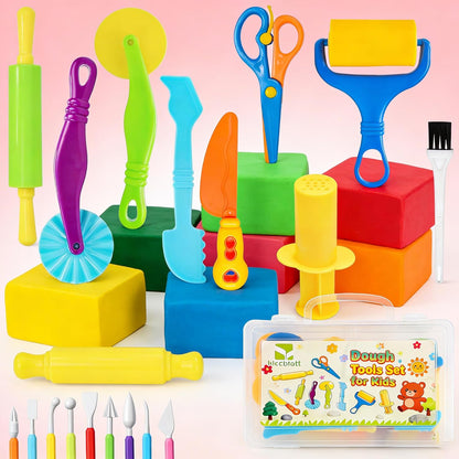 Kleeblatt Dough Tools Set for Kids - 19 Pcs Playdough Kit with 9 Basic Dough Tools, 9 Double-Headed Clay Carving Tools & Cleaning Brush, Safe for Toddlers Ages 2-8, for Clay/Plasticine/Sand