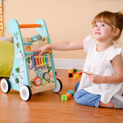 Teamson Kids Preschool Play Lab 7-in-1 Large Wooden Activity Cube Station Center Bead Maze and Counting for Kids Baby Toys, Natural
