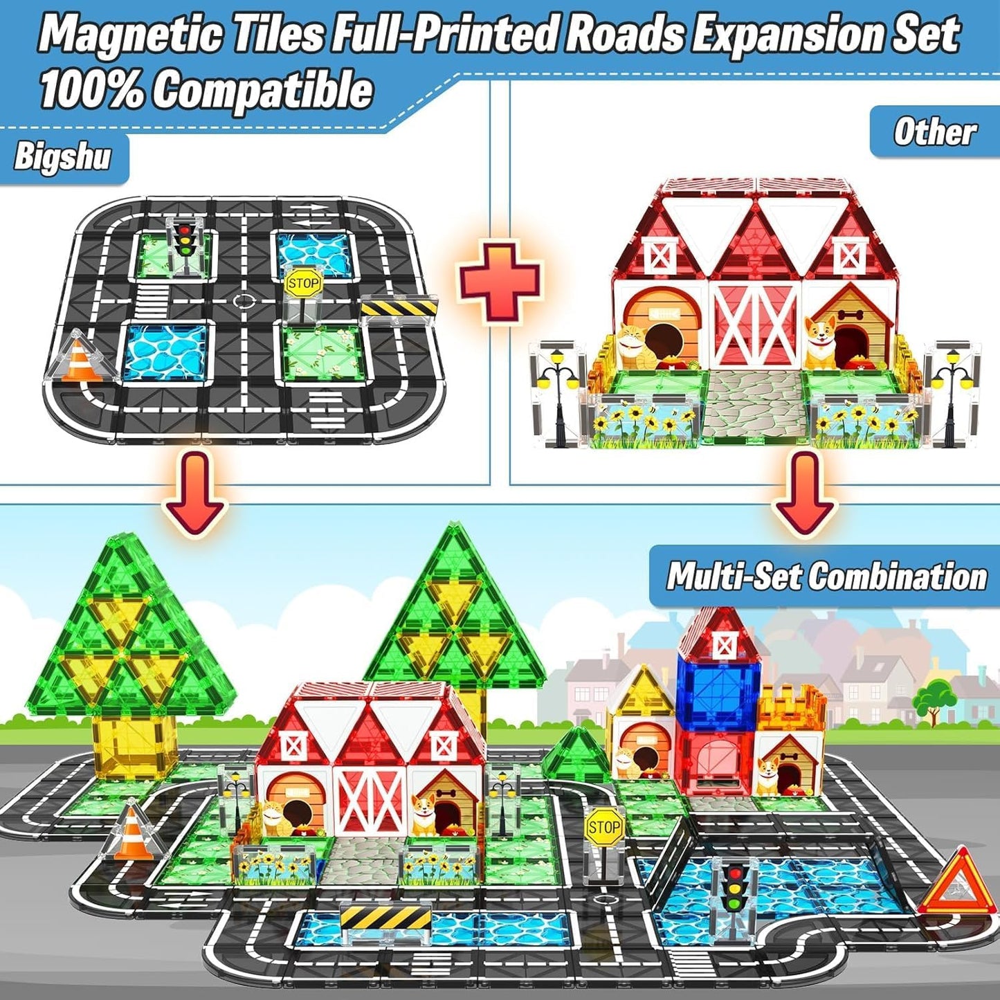 Magnetic Tiles, Magnetic Blocks Engineering Construction Vehicle Road Set, Toddler Toys for 3 4 5 Year Old Boys Girls Montessori Preschool Classroom Must Haves STEM Educational Kids Toys Birthday Gift