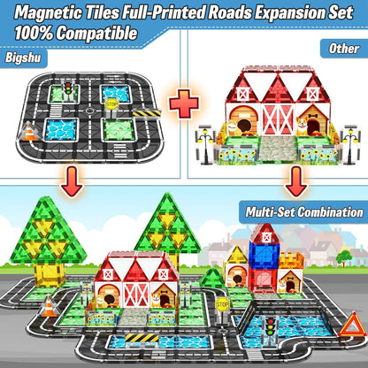 Magnetic Tiles, Magnetic Blocks Engineering Construction Vehicle Road Set, Toddler Toys for 3 4 5 Year Old Boys Girls Montessori Preschool Classroom Must Haves STEM Educational Kids Toys Birthday Gift