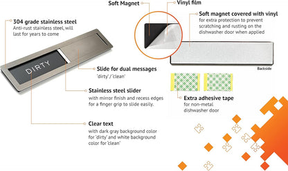 Kubik Letters Clean Dirty Magnet for Dishwasher, Premium Stainless Steel Grade 304, Kitchen Organizers and Storage Decor Accessories, Extra Adhesive Tapes Included.