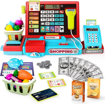 Kids Cash Register Toy Playset, Toddler Prentend Play Store with Real Calculator Cash Register with Scanner/Credit Card/Play Money/Food, Learning Toys for Boys Girls Toddlers(Pink)