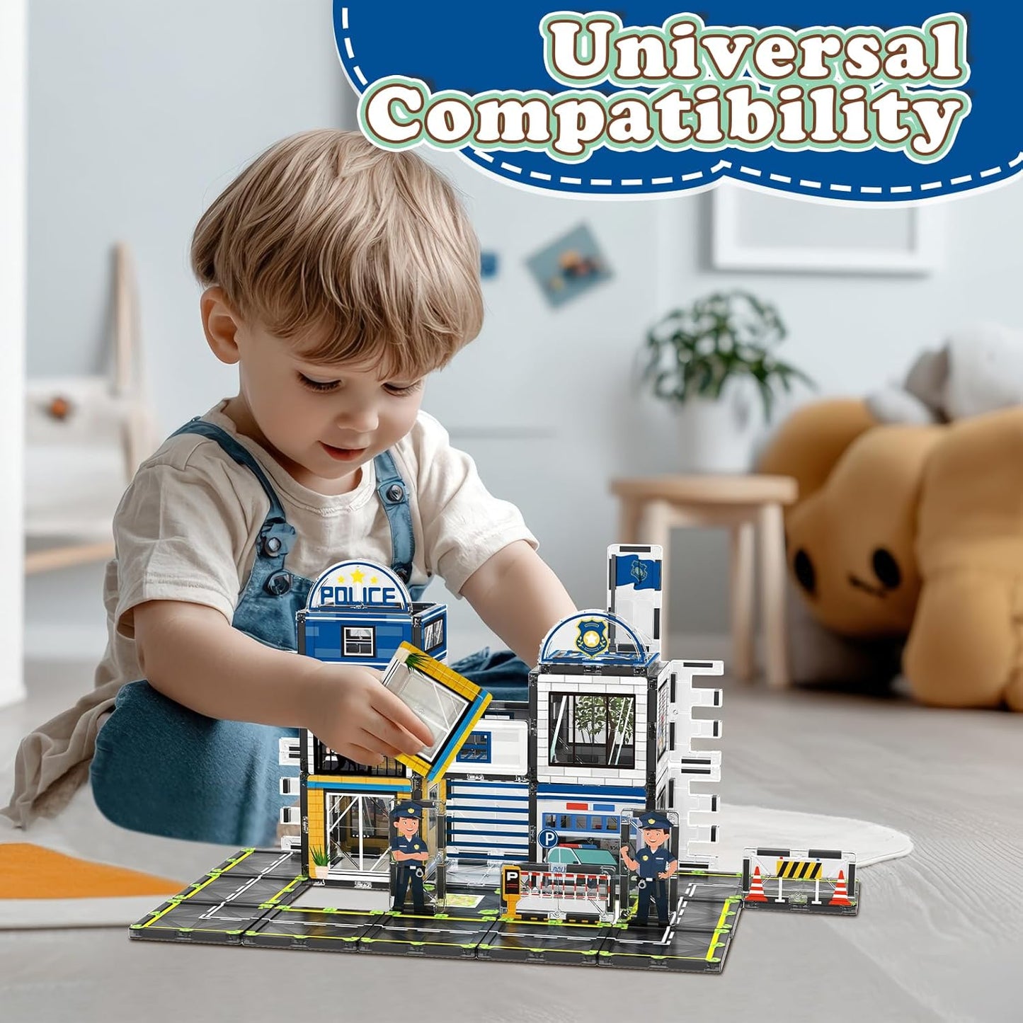 AFUNX Magnetic Tiles, 50PCS Police Station Theme Building Blocks Set, Magnet Building Blocks and STEM Preschool Toys for Toddlers Kids Ages 3-5 5-7 8-10