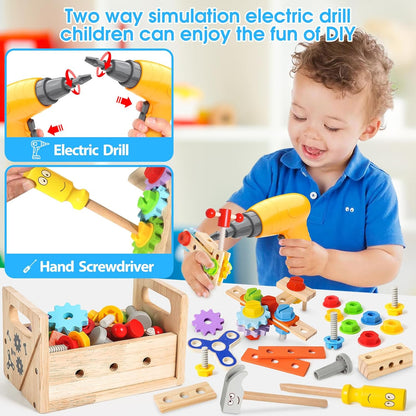Kids Tool Set Toy with Drill, Wooden Toy for 2 3 4 5 Years Old Boy Girl, 37 Pcs Stem Montessori Toy for Learning Educational Construction Toy, Birthday Gift for Kids