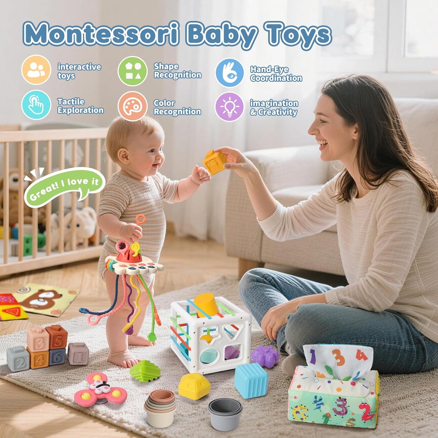 6 in 1 Montessori Toys for Babies 6-12 Months Up - Incl Pull String Toy, Stacking Cups, Tissue Box, Suction Cup Spinner, Stacking Blocks,Activity Cube, Baby Toys for 1 2 3 Year Old