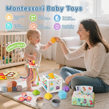 6 in 1 Montessori Toys for Babies 6-12 Months Up - Incl Pull String Toy, Stacking Cups, Tissue Box, Suction Cup Spinner, Stacking Blocks,Activity Cube, Baby Toys for 1 2 3 Year Old