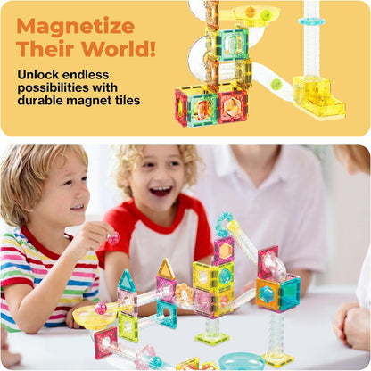 PicassoTiles Marble Run 60 Piece Race Track Magnetic Tiles Magnet Building Block Educational Construction Toy Set Playset STEM Learning Kit Child Brain Development HandEye Coordination Training PTG60