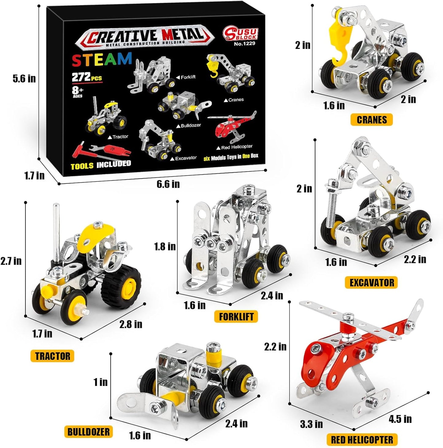 6 Mini Models for Kids Ages 8-12, 272pcs,Engineering Toys with Truck，Forklift，Excavator Car Building Kit and so on, Compatible with Metal Building Model Sets,Assembly Toys Gifts for Boys & Girls