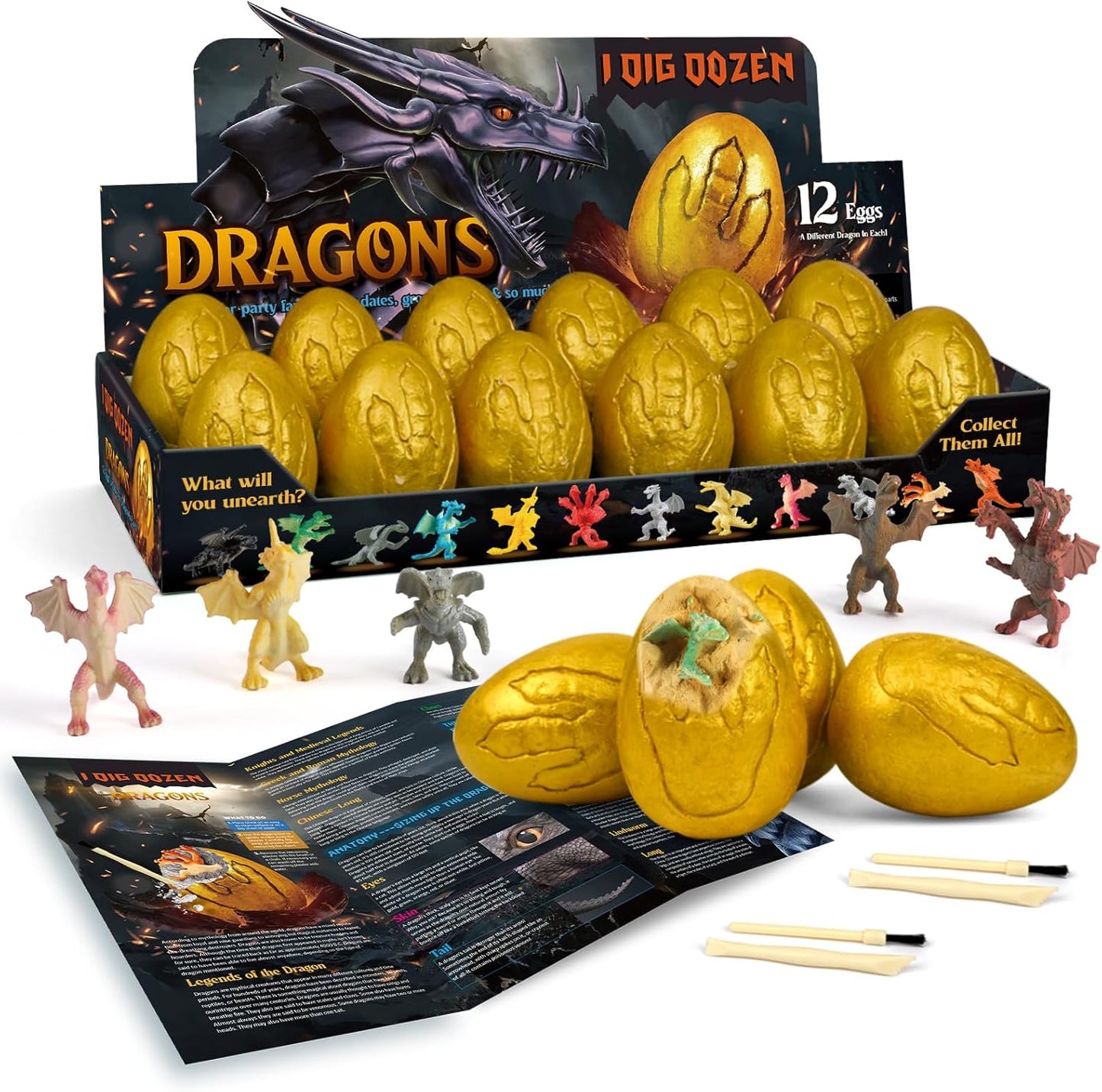 Dig a Dozen Dragon Egg Dig Kit-12 Pack Golden Dragon Eggs Excavation Science Toys with Tools & Mythical Learning Guide, Dragon Toys Gift 3-12 Year Old, Birthday Party Favors Gifts for Kids Boys Girls