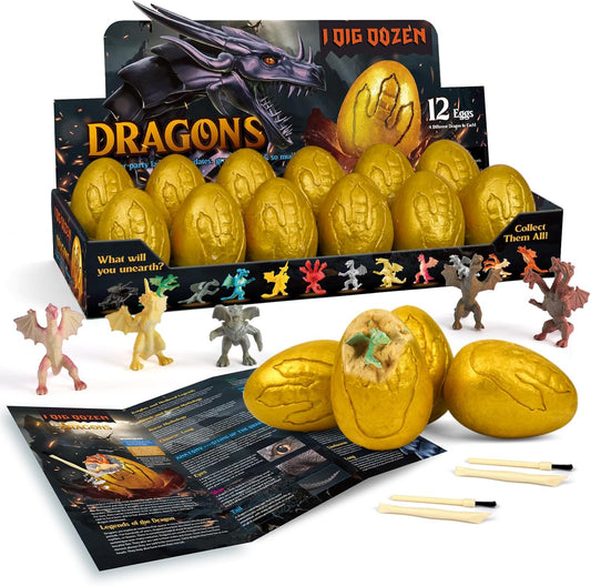Dig a Dozen Dragon Egg Dig Kit-12 Pack Golden Dragon Eggs Excavation Science Toys with Tools & Mythical Learning Guide, Dragon Toys Gift 3-12 Year Old, Birthday Party Favors Gifts for Kids Boys Girls