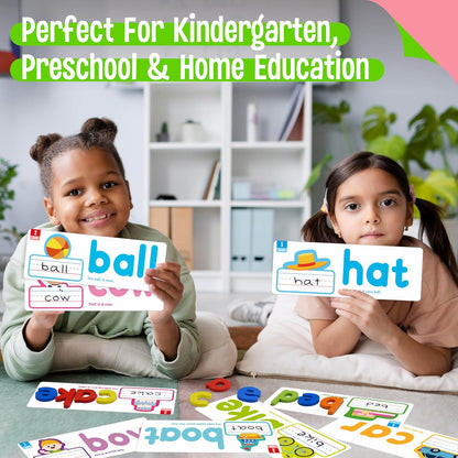 82PCS CVC & CVCC, CCVC Words Builders, 30 Double-Sided Cards & 52 Wooden Lowercase Letters, 2 Levels See & Spell Learning Tool STEM Educational Activities for 3 Years Old Boys and Girls