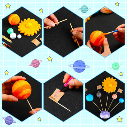 Jutom 56 Pcs Solar System Project Kit Solar System Model Includes 20 Mixed Sized Foam Balls, 15 Sticks, 15 Food Stick Flag, 6 Painting Brushes for School Science DIY Planet Handcraft
