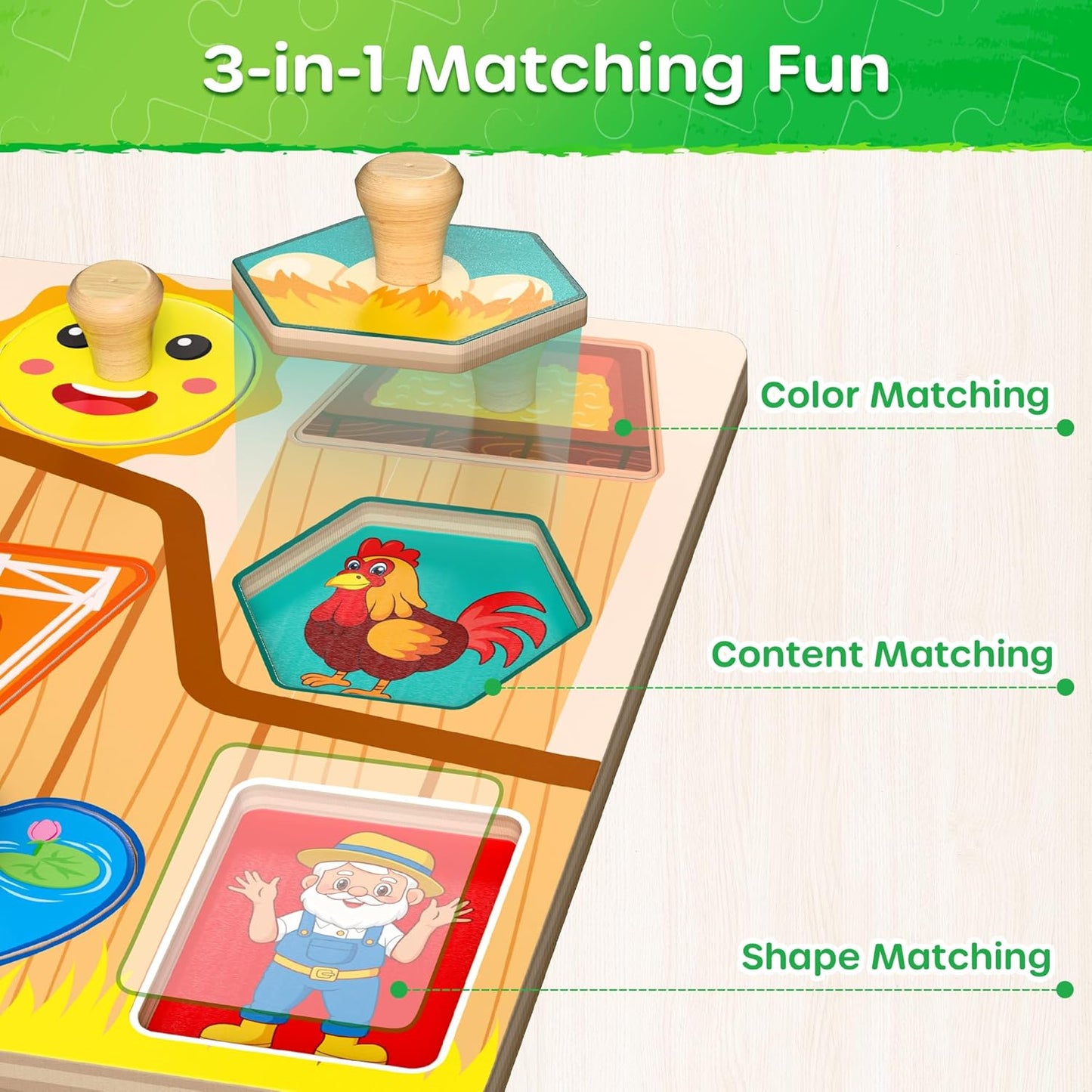 SYNARRY Farm Animals Toddler Puzzles, Wooden Puzzles for Toddlers 1-3, Jumbo Knob Peg Chunky Puzzle, Baby Puzzles 12-18 Months for Shape Recognition Fine Motor Skills, Barn Farm Toys for Toddlers 1-3