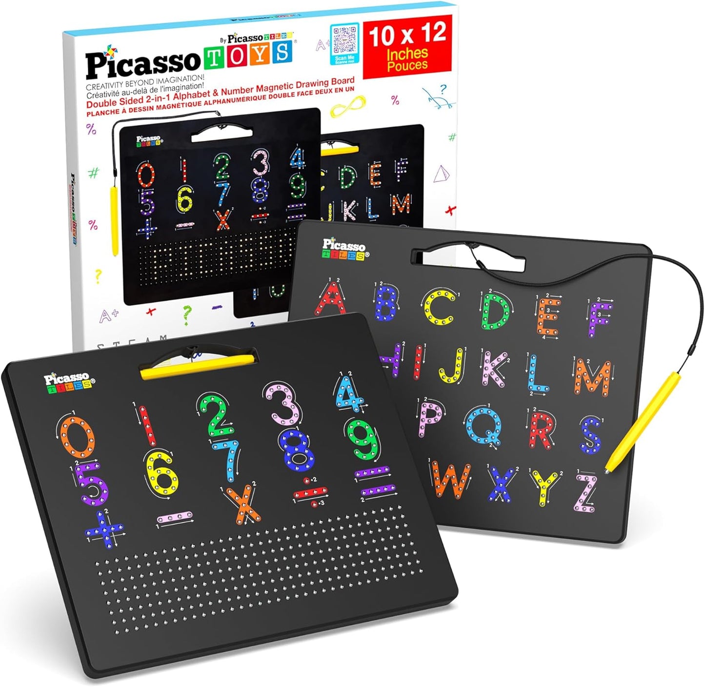 PicassoTiles 2PK 4-in-1 Magnetic Drawing Board 12x10 inch Large Magnet Tablet Pad with 4 Facings Lowercase & Uppercase Alphabets, Numbers, & Freestyle STEM Learning Writing Reading Playboard PTB06