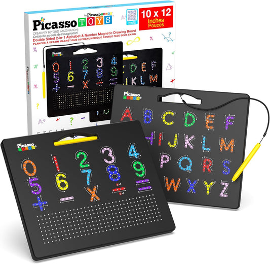 PicassoTiles 2PK 4-in-1 Magnetic Drawing Board 12x10 inch Large Magnet Tablet Pad with 4 Facings Lowercase & Uppercase Alphabets, Numbers, & Freestyle STEM Learning Writing Reading Playboard PTB06