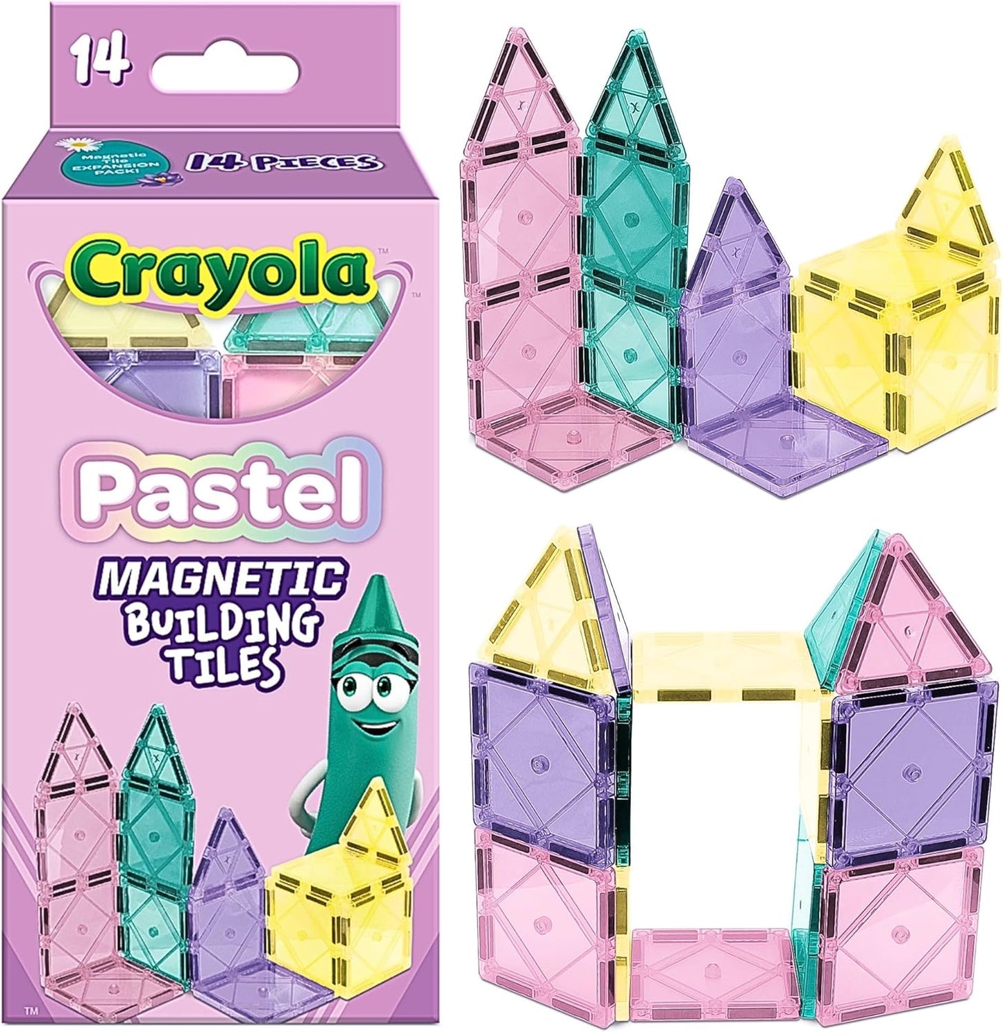 CreateOn Crayola Magnetic Tiles, Building Set for Kids, Magnetic Toys for Kids, Travel Toys, Classroom Sensory Toy Blocks, STEM & Montessori Tools for Boys & Girls Ages 3+, 14-Piece Set (Glitter)
