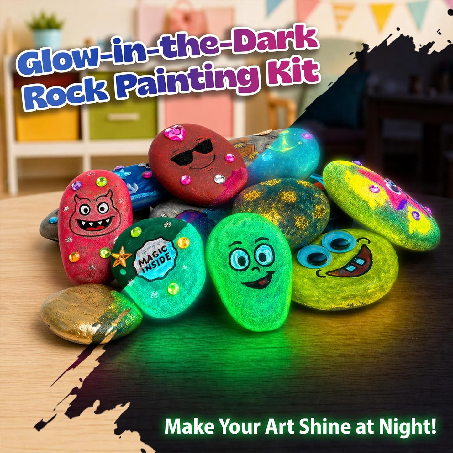 Pinwheel Crafts Glow in the Dark Rock Painting Kit with Interactive AR Storybook – 128pc Arts & Crafts Set for Kids – Augmented Reality Educational Toy for Boys & Girls Ages 6-12