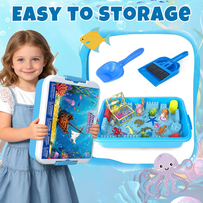 Sensory Bin, 48Pcs Unicorn Sandbox with Lid Play Sand Art Kits for Girls Toddlers Sensory Toys with Magic Sand, Unicorns, Mermaid, Cleaning Tools, Birthday Gifts for Kids Age 3 4 5 6 7 8