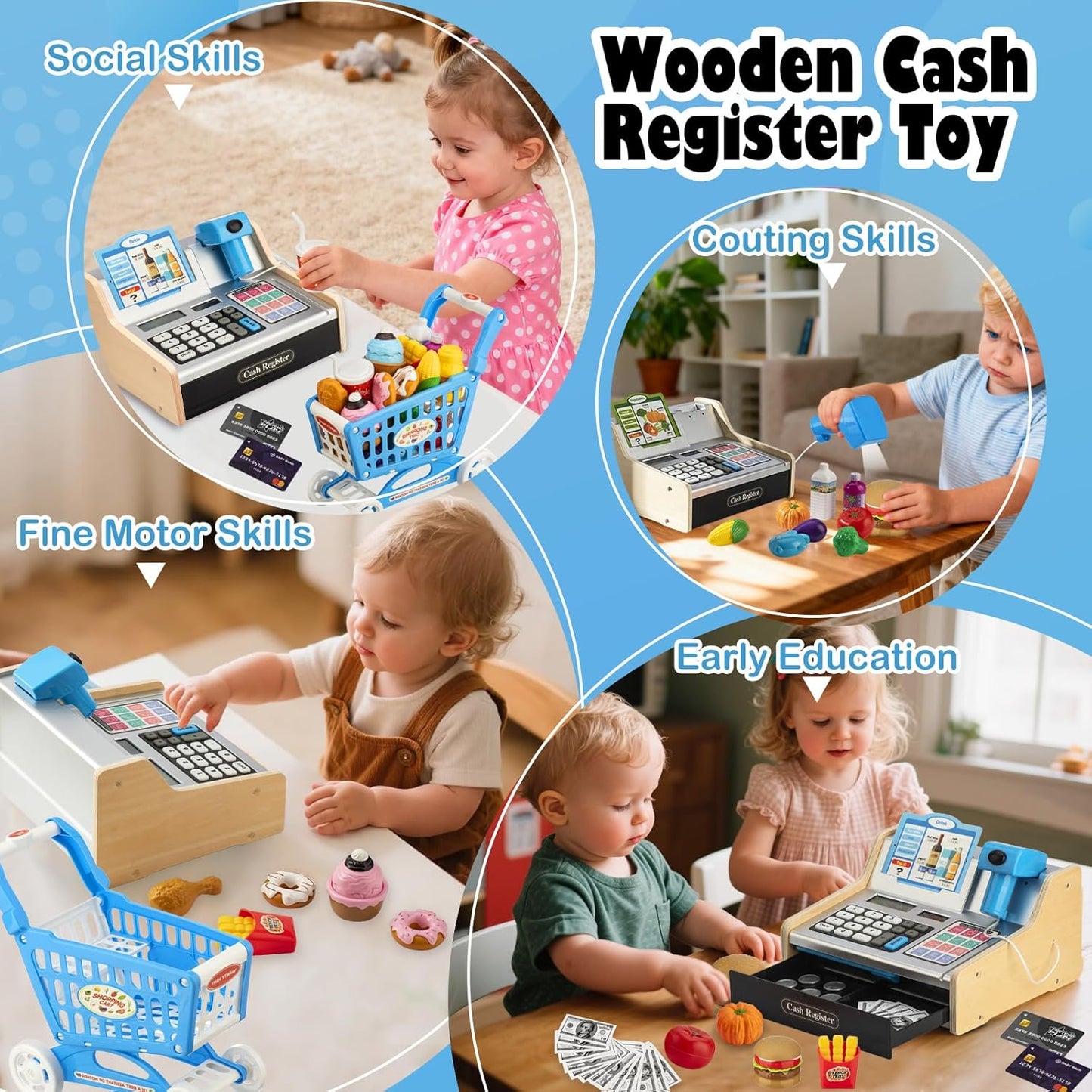 Wooden Cash Register for Kids with Shopping Cart Rechargeable Kid Cash Register with Scanner Gift for Kid Age 3 4 5 6 7 8 9 Year Old Pretend Play for Toddlers Toys for 3-12 Year Old Kids
