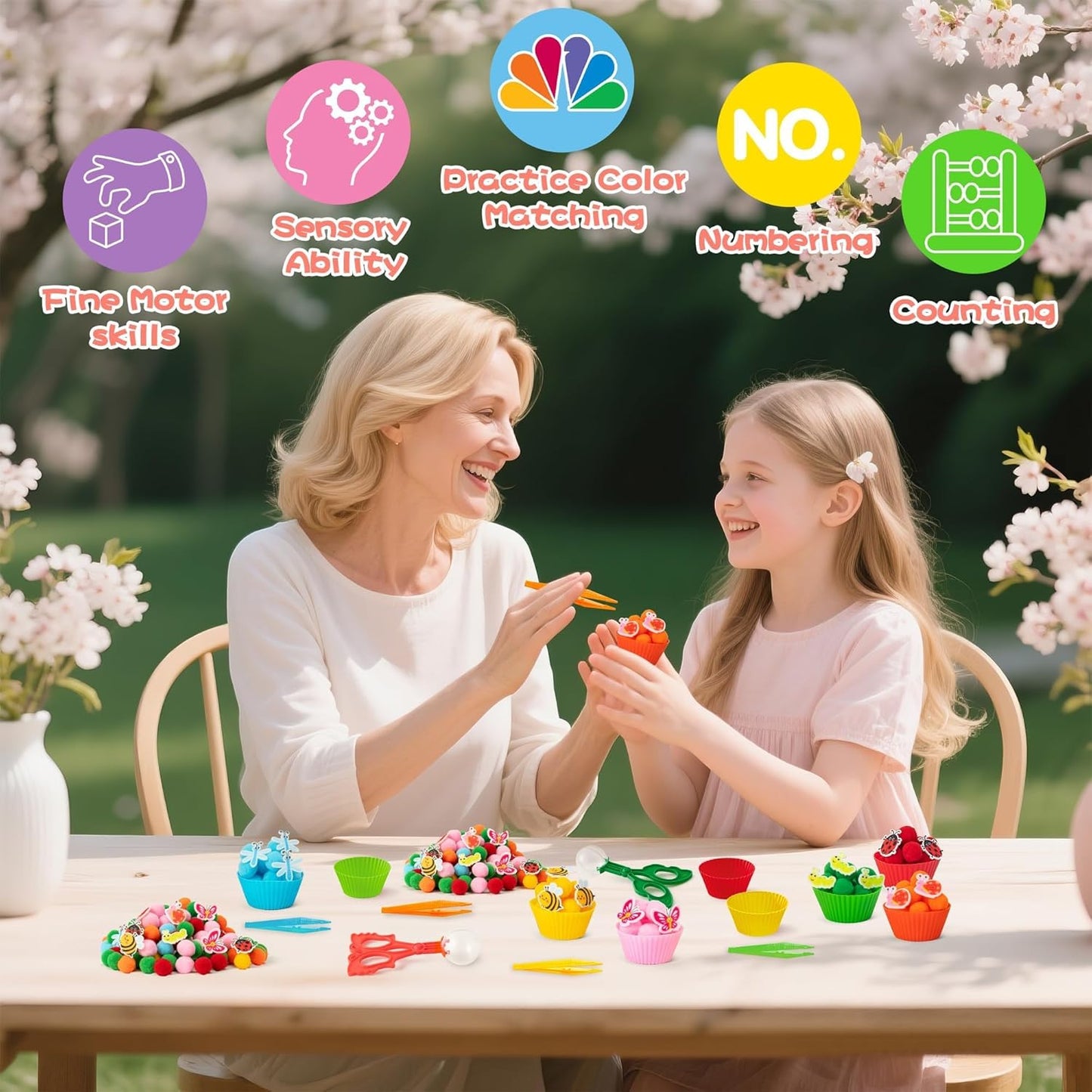 EZdhuawuse Summer Sensory Bin Fillers - 268P Fine Motor Toy Counting Sorting Set for Kid Birthday Easter Gift, Felt Phrases Heart Colorful Pom Poms Cup Clip for Preschool Education Activities