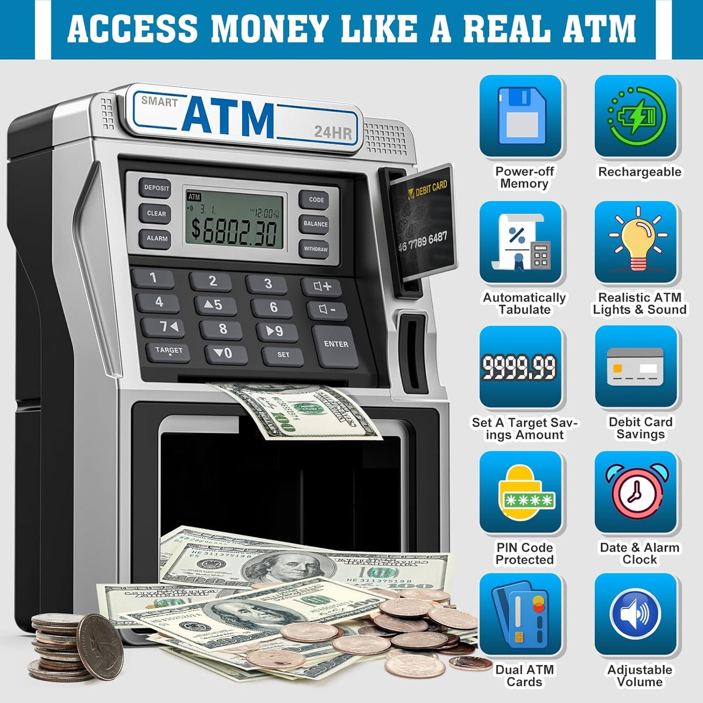 ATM Piggy Bank for Kids Rechargeable, Power-Off Memory for Real Money Safe with Debit Card, Coin Recognition,Bill Feeder,Balance Calculator, Kids ATM Machine for Boys Girls