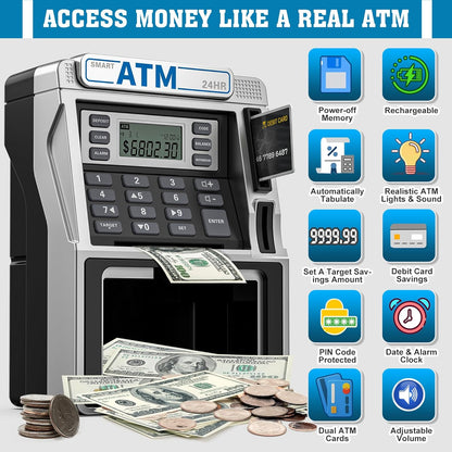 ATM Piggy Bank for Kids Rechargeable, Power-Off Memory for Real Money Safe with Debit Card, Coin Recognition,Bill Feeder,Balance Calculator, Kids ATM Machine for Boys Girls