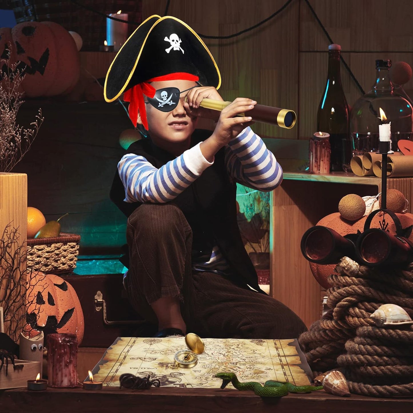 Pirate Monocular Telescope Treasure Map Pocket Compass Pirate Hat Skull Print Captain Costume, 5 Pcs Party Favors Costume Spyglass Kid Compass for Cosplay(Small)