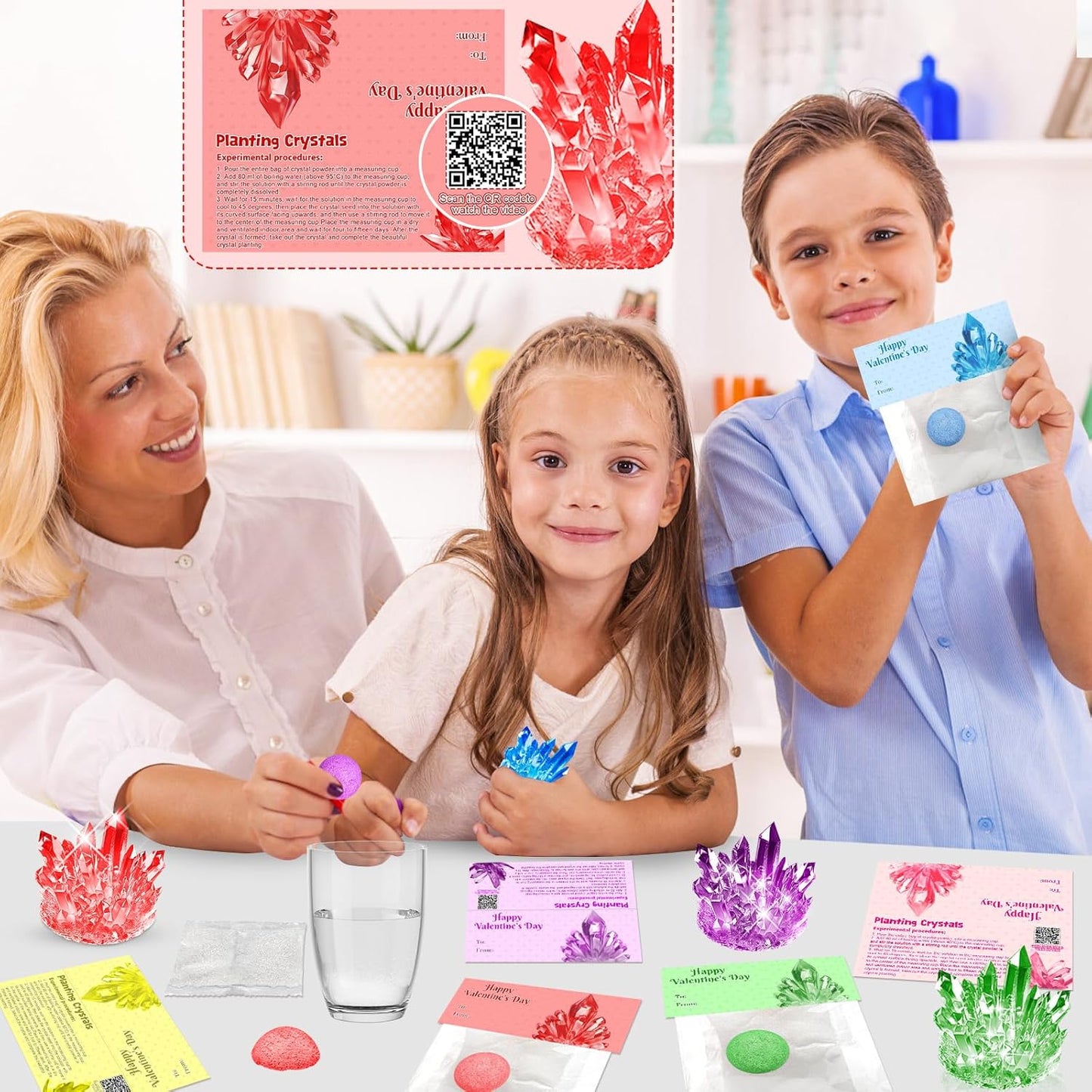 Valentines Gifts for Kids-24 Pack Crystal Growing Kits with Valentine Cards, Fun Classroom Exchange Science Gifts and Party Favors for Boys Girls Teens