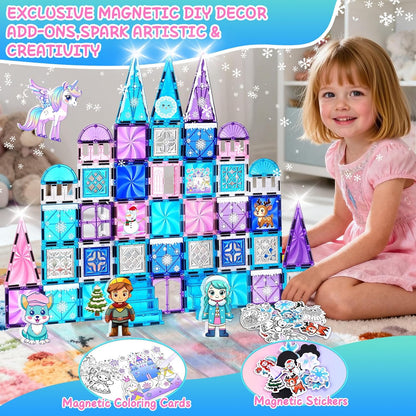 Diamond Magnetic Tiles Unicorns Princess Castle with Magnetic Art Decor Kit, Unicorn Toys for Girl 3 4-6-8, Magnet Tiles for kids 4-8 5 6 7+ Girl Gifts,Magnet Toys Include 5 Dolls,Rainbow,Candy,Decors